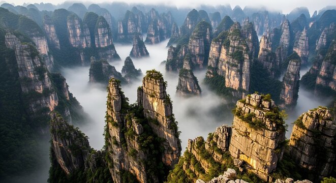 A wide panoramic shot of famous sandstone pillars in a valley filled with low clouds and fog. Sharp rocky formations covered in small green trees stretch into the distance.