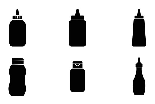Black squeeze bottle icons, condiment bottle silhouettes, plastic bottle shapes, 6-pack illustration set