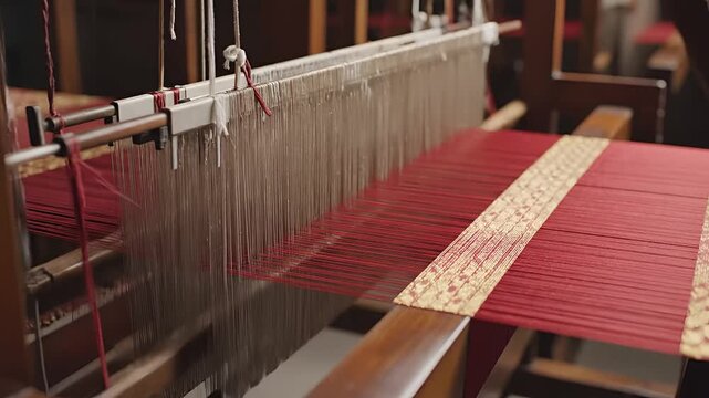 Closeup of a traditional wooden loom weaving red fabric with intricate patterns.