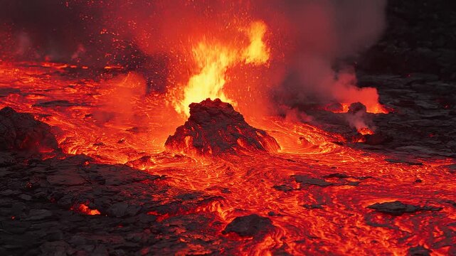 Slow motion tracking shot of lava eruption flowing from volcanic vent in crater landscape at night