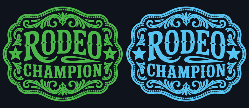 ornate classic rodeo champion cowboy style buckle medal typographic tag emblem, luxurious cowgirl bull rider gold and silver medal engraving vector label design for premium western rank titles.