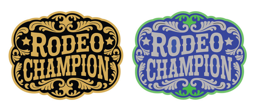 ornate classic rodeo champion cowboy style buckle medal typographic tag emblem, luxurious cowgirl bull rider gold and silver medal engraving vector label design for premium western rank titles.