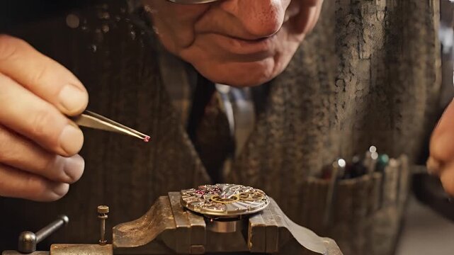 Closeup of an elderly watchmaker meticulously repairing a vintage timepiece with precision tools.