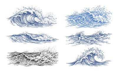 Vintage wave illustration ocean waves cresting water sea splash foam curl nature marine coast dynamic energy drawing engraving art © bow