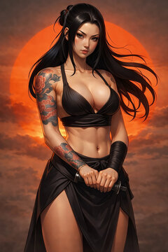 donna kunoichi guerriera giapponese dai lunghi capelli neri e tatuaggio irezumi su di un braccio, woman Japanese kunoichi warrior with long black hair and an irezumi tattoo on one arm