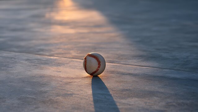 Baseball ball left on concrete driveway in front of suburban house at sunset