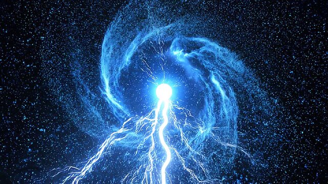 Slow motion zoom tracking shot of electric energy orb swirling and emitting lightning in dark void studio background
