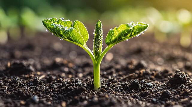 Time lapse static shot of seedling plant sprouting and growing in soil garden bed with morning dew