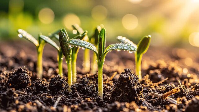 Time lapse tracking pan of seedlings sprouting and growing from soil in garden at sunrise with dewy backlit light