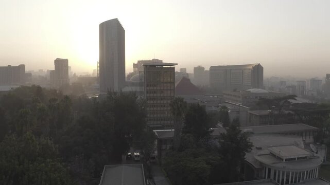 African union and sun rising, Addis Ababa, Ethiopia, Drone D log footage