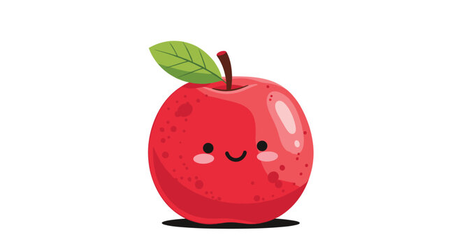 Adorable red apple character with a smiling face, pink cheeks, and a green leaf isolated on a white background.