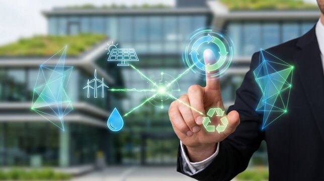 Businessman interacting with a digital interface representing sustainable energy and green technology solutions for modern architecture