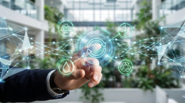 Businessman interacting with a digital interface representing renewable energy and sustainability concepts