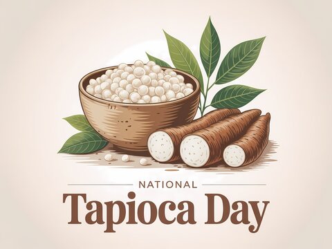 National tapioca day illustration with cassava roots and bowl of tapioca pearls