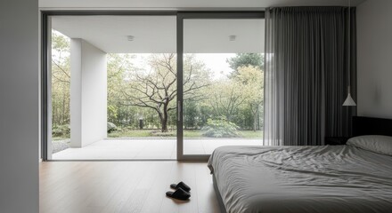 Fototapeta premium Minimalist bedroom with large windows and natural light