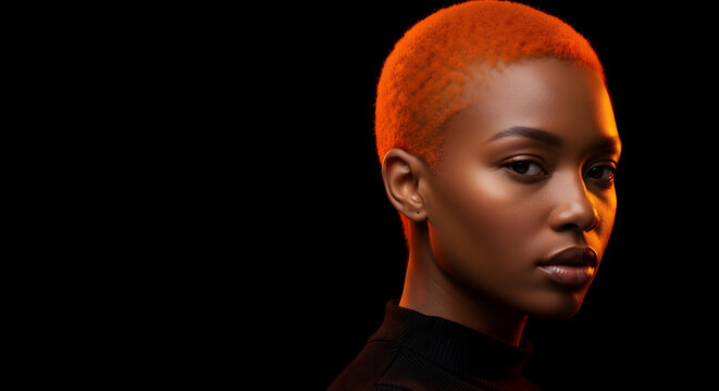 Stunning Black Woman with Bold Orange Buzz Cut | Stylish African American Female Portrait Edgy Short Hairstyle | Modern Beauty Melanin Skin High Contrast Lighting | Bold Fashion Concept | Vibrant Hair