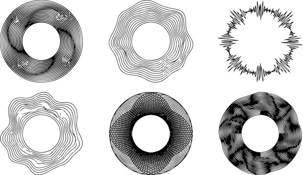 Set Of Abstract Circular Geometric Line Art Elements, Featuring Wavy Vortex Frames, Sound Wave Rings, Concentric Moire Patterns, And Textured Radial Shading