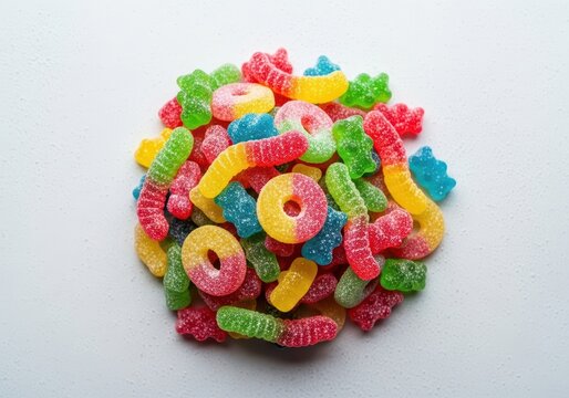 A vibrant pile of assorted, colorful, sweet gummy candies arranged closely together, highlighting the delicious texture and sugary coating, overhead, chewy, colorful