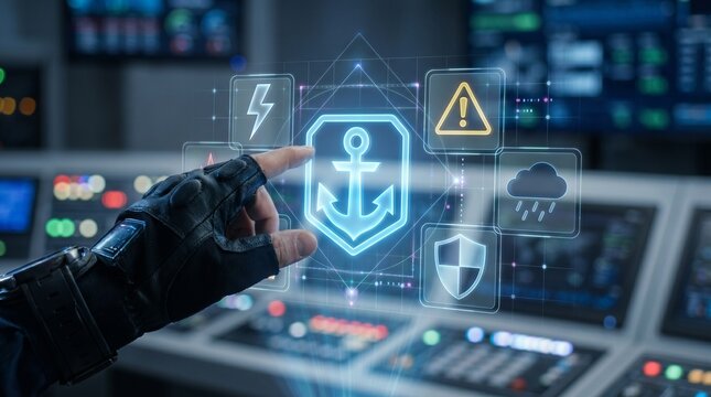Futuristic maritime control interface with an anchor icon being touched by a gloved hand in a hightech command center