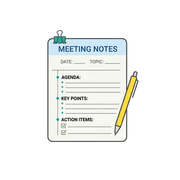 Meeting notes sheet with agenda and action items.
