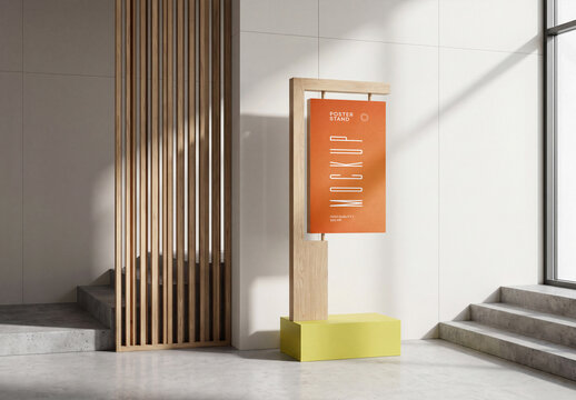 Vertical wooden hanging poster stand mockup with yellow base in a modern interior next to concrete steps and white tiled wall with sunlight shadows