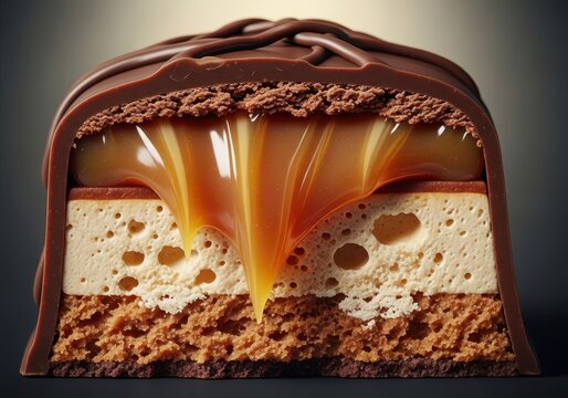 Close up macro shot showing the rich, layered texture of a decadent chocolate candy bar, highlighting the gooey caramel and crunchy nougat, sweet, crispy, tempting