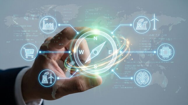 Digital transformation and global business strategy concept with a hand holding a glowing compass interface and connected icons