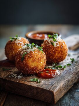 Crispy Sicilian arancini rice balls served with tomato sauce on a rustic wooden board with dramatic shadows.
