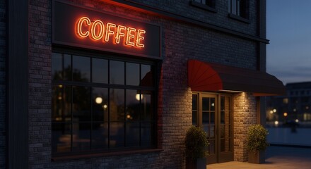 Fototapeta premium Cozy Coffee Shop Exterior at Dusk with Neon Sign.