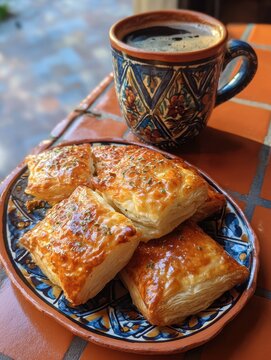 Freshly baked Maltese pastizzi with ricotta and peas on a golden morning in a caf&eacute; with terracotta tile flooring.