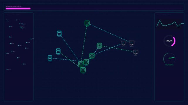 Dynamic motion of a futuristic data visualization with interconnected nodes and fluctuating graphs for technology and analytics scenes.