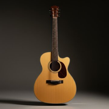 Une guitare acoustique classique en bois clair, pos&eacute;e sur un fond neutre. Repr&eacute;sentation du son, de l'art et de la m&eacute;lodie pure, tradition, ukulele, cr&eacute;ativit&eacute;