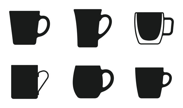 Black coffee mug icons, vector cup silhouettes, breakfast drinkware, kitchen utensils set