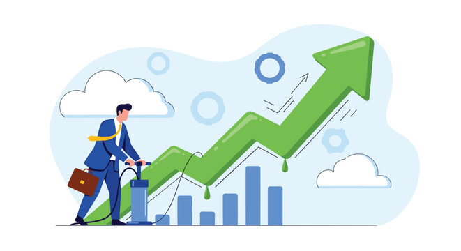 Businessman using a manual pump to inflate a rising green arrow graph representing artificial growth and financial bubbles in the market.