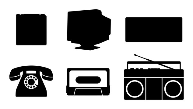 Retro Electronics, Vintage Gadgets, Icon Set, Black Silhouettes