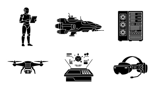 Drone, aircraft, and robotics icons, black vector set
