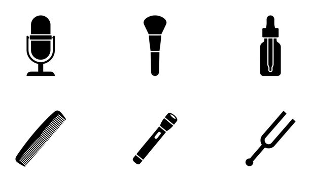 Black music and makeup icons set, vector graphics, microphone, brush, bottle, symbols