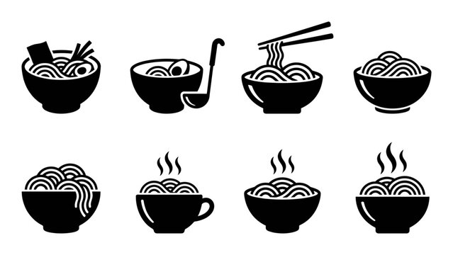 Noodle, bowl, soup, food icons, 8 black silhouettes, vector set
