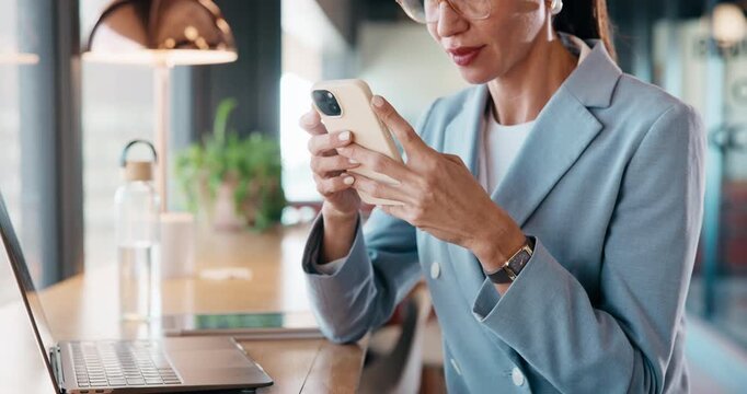Phone, laptop and businesswoman in cafe with typing for email, texting or tax return update on app. Cellphone, remote work and financial analyst with online feedback on investment risk in coffee shop
