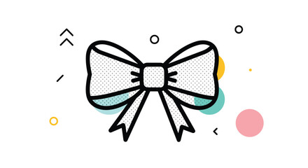 Fototapeta premium Stylized line art illustration of bow tie or ribbon with stippled texture, surrounded by colorful abstract dots and shapes on a white background.