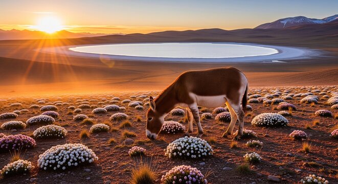 A brown and white wild donkey grazing on low bushes in a vast desert plain with a large circular lake and mountains under a bright setting sun.
