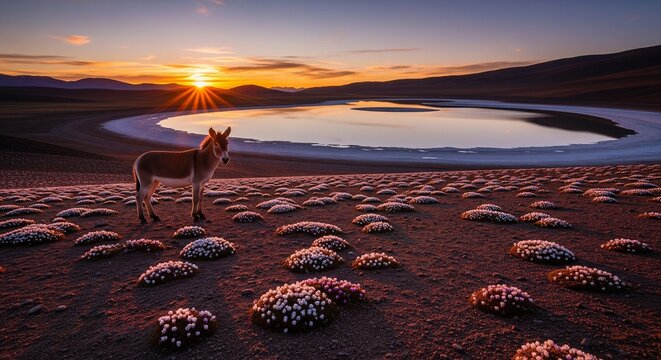 A wild donkey standing on a desert field filled with round flower bushes during a beautiful sunset over a large salt lake.