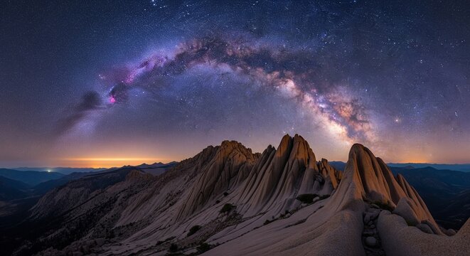 A beautiful panoramic night sky filled with a massive, vibrant purple and blue Milky Way galaxy arching over a sharp, jagged rocky mountain ridge.