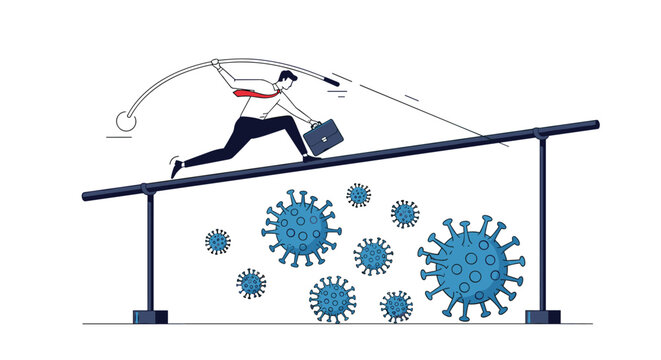 Energetic businessman using a pole to vault over several floating blue coronavirus cells to stay safe and healthy.