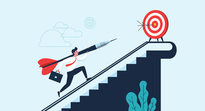 Determined businessman carrying large dart and briefcase while climbing stairs toward bullseye target for career success and achievement.