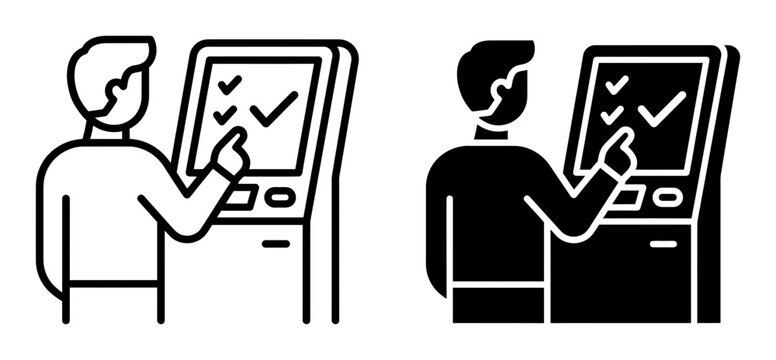 ATM, bank, machine, icon, vector, black, white, illustration, payment, transaction, finance, banking, money, cash, withdrawal, deposit, people, human, checkmark