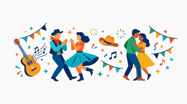 A vibrant illustration depicting a lively country dance party with couples dancing, a guitar, and festive decorations