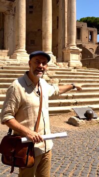 Male tour guide points at ancient ruins while holding a map. Man explains history near stone columns on sunny day. Happy tourist explores historical architecture. Traveler gestures at old landmark.