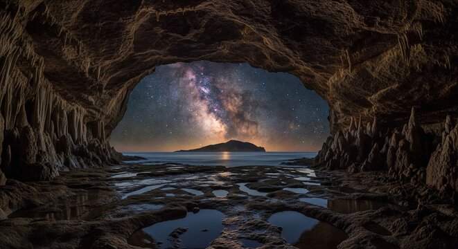 A view from inside a dark coastal cave looking out at a small rocky island in the ocean under a brilliant, starry Milky Way night sky with tide pools in the foreground