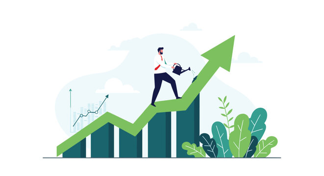Diligent businessman standing on an upward trending bar chart and watering the green arrow tip to symbolize nurturing business growth.